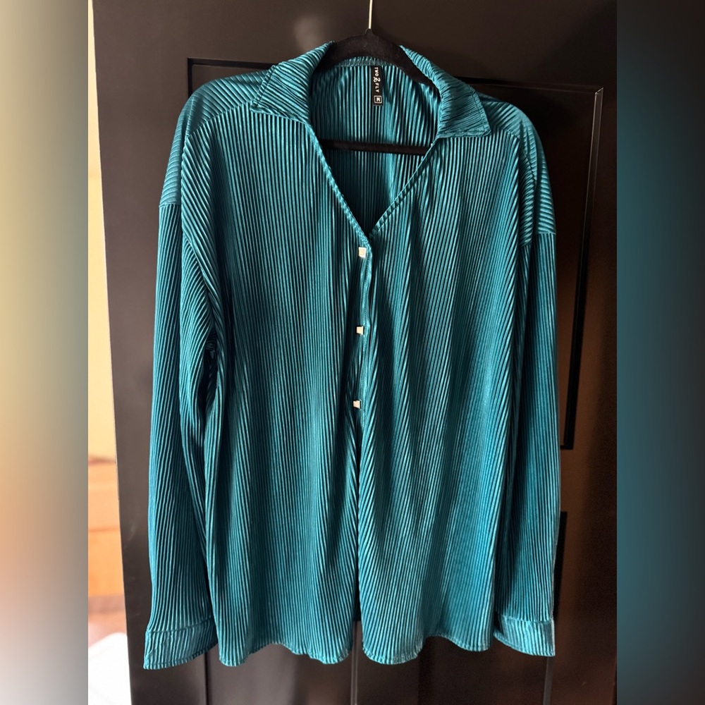 Teal Pleated Snap Button Shirt
